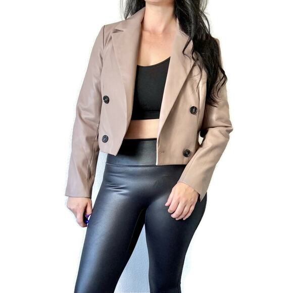 MAEVE Tan & Black Cropped Faux Leather Blazer Jacket Size 6 Medium - Picture 1 of 7